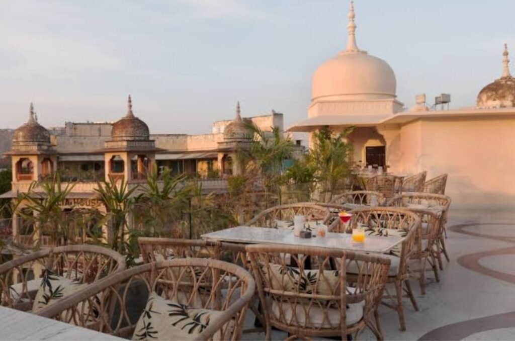 "Rooftop dining view at one of the famous restaurants in Jaipur showcasing traditional architecture and a serene ambiance."